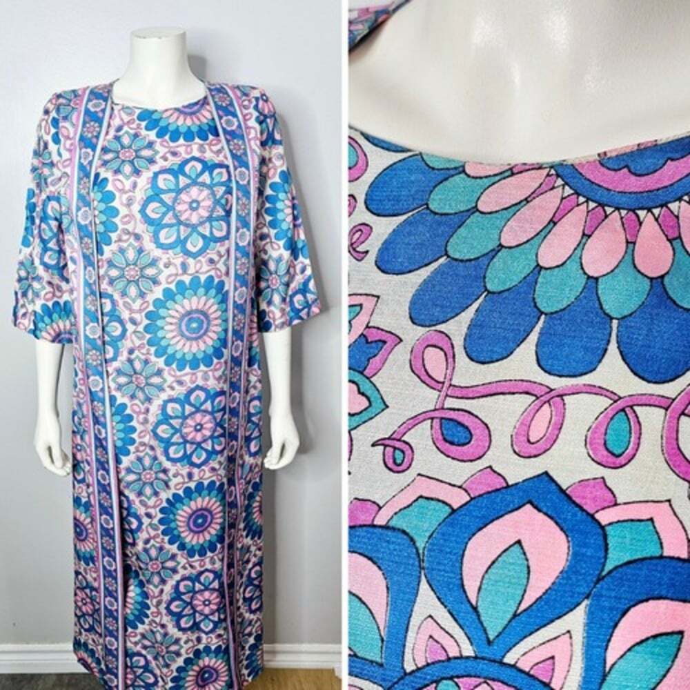 Vintage 1970s Blue and Pink Maxi Dress